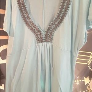 Embellished V-Neck Blouse - Light Blue